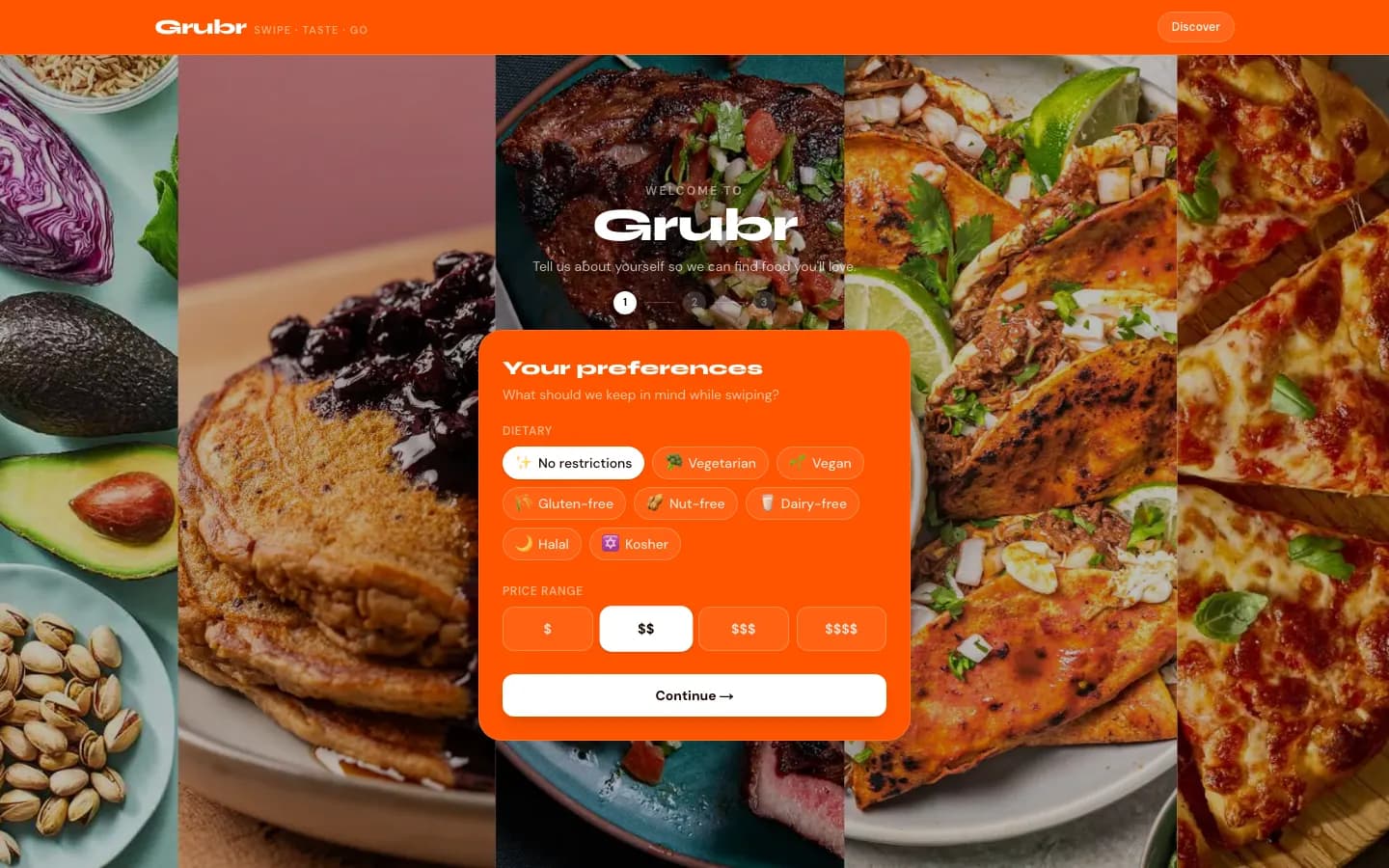 Grubr onboarding: dietary restriction and price range selection before the swipe deck.