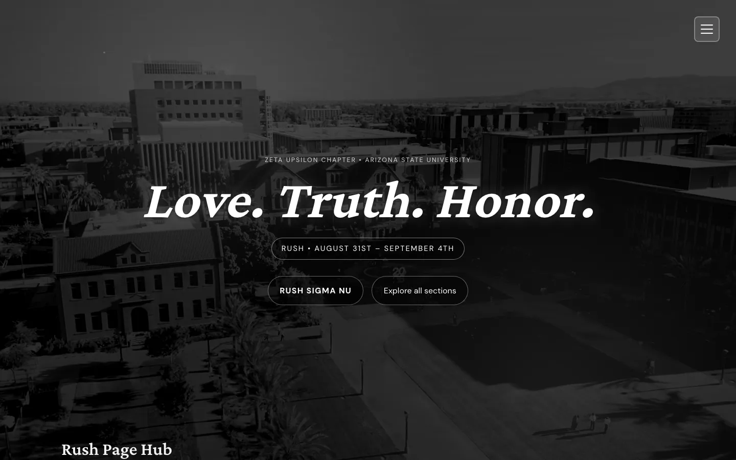 Sigma Nu ASU portal home: the rush page hub with chapter library, newsletters, apparel, registration and brother directory.
